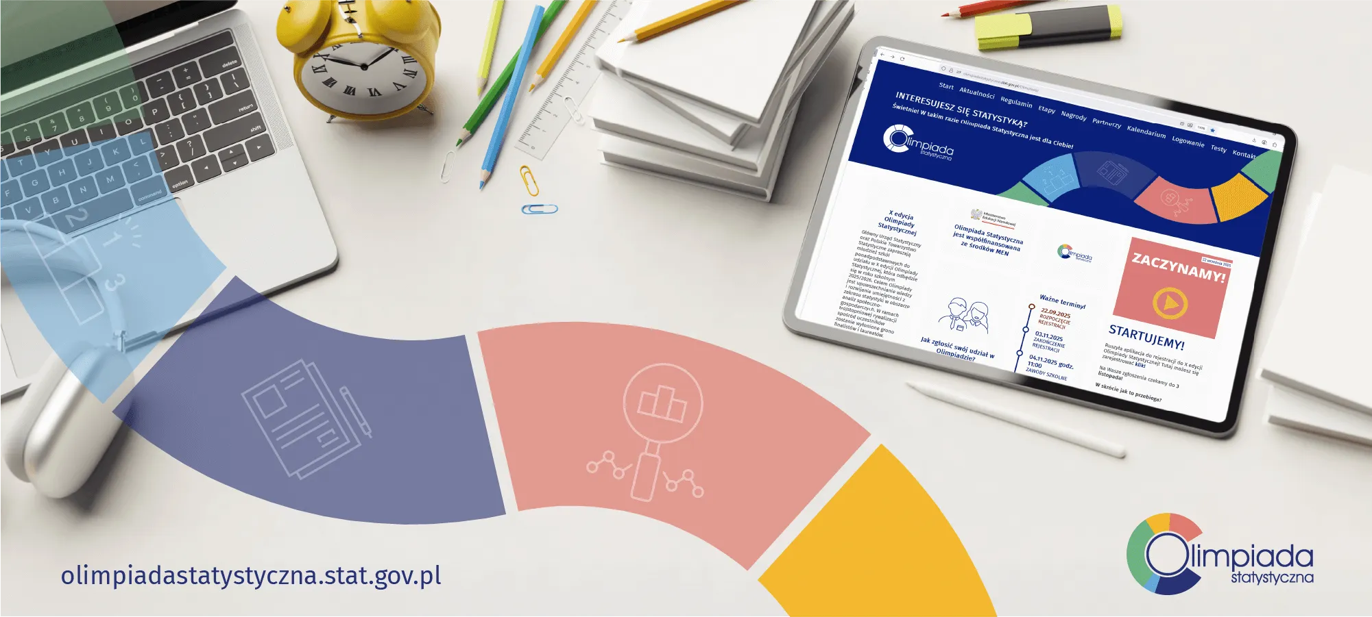 Grafika dekoracyjna zawierająca logo Olimpiady Statystycznej i adres strony olimpiadastatystyczna.stat.gov.pl