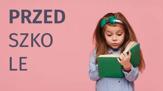 Na grafice znajduje się dziewczynka trzymająca książkę, a obok niej napis przedszkole