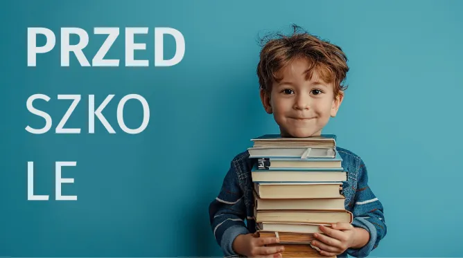 Na grafice znajduje się chłopczyk trzymający stos książek, a obok niego napis przedszkole