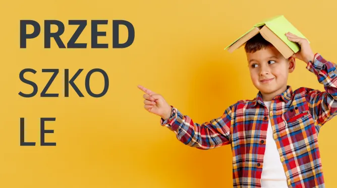 Na grafice znajduje się chłopczyk z książką na głowie, a obok niego napis przedszkole