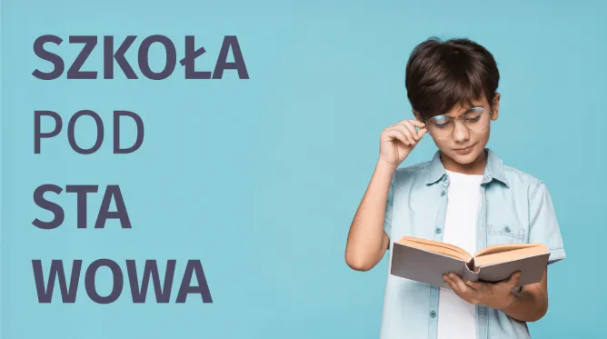 Na grafice znajduje się chłopczyk z książką, a obok niego napis szkoła podstawowa