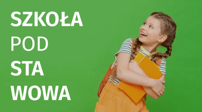Na grafice znajduje się dziewczynka z zeszytami, a obok niej napis szkoła podstawowa